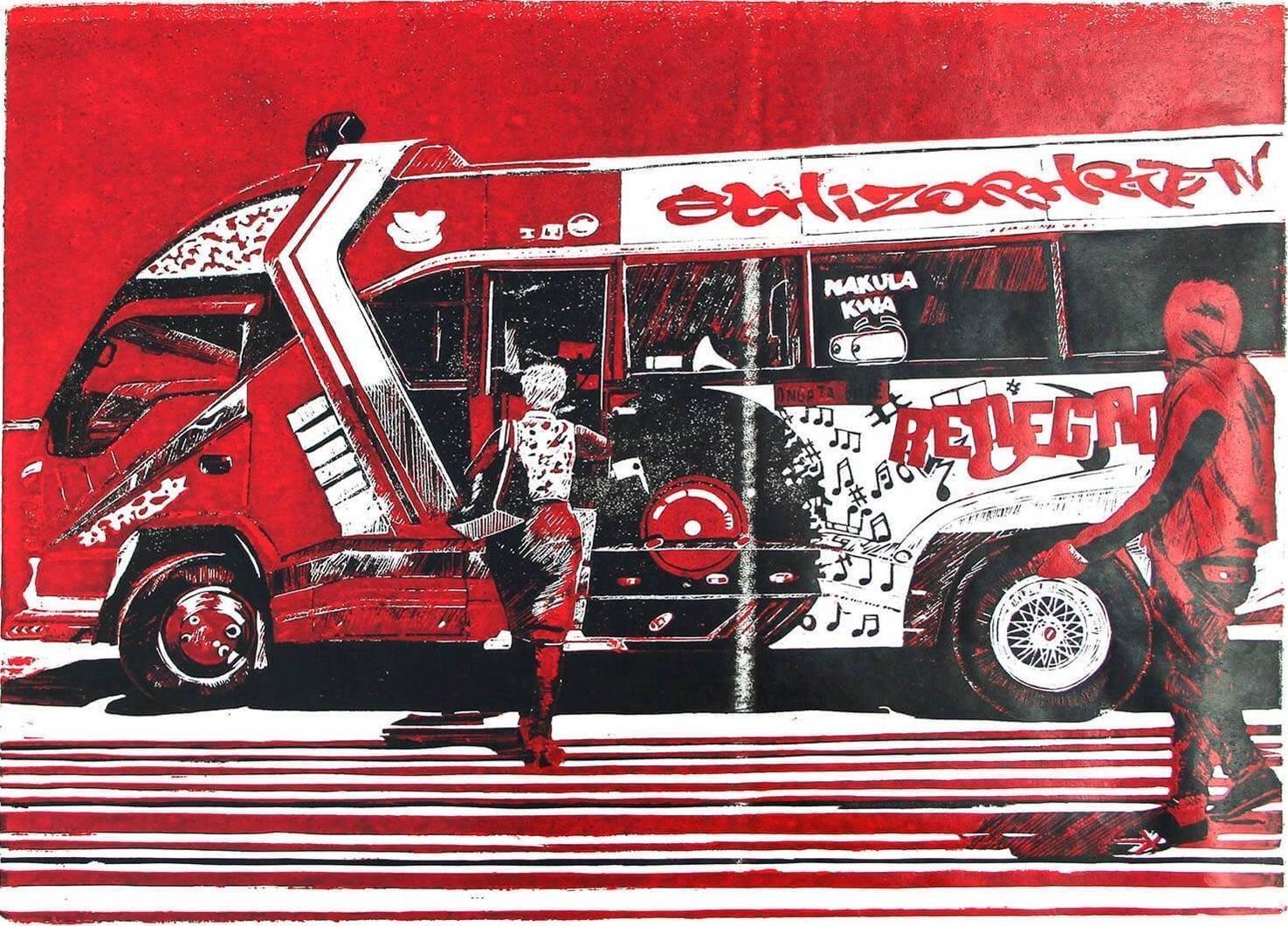 Schizophrenic Burgundy matatu art print by Dennis Muraguri