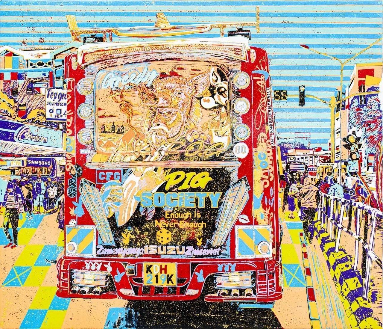 Pig Society - Taifa Sacco red matatu art print by Dennis Muraguri