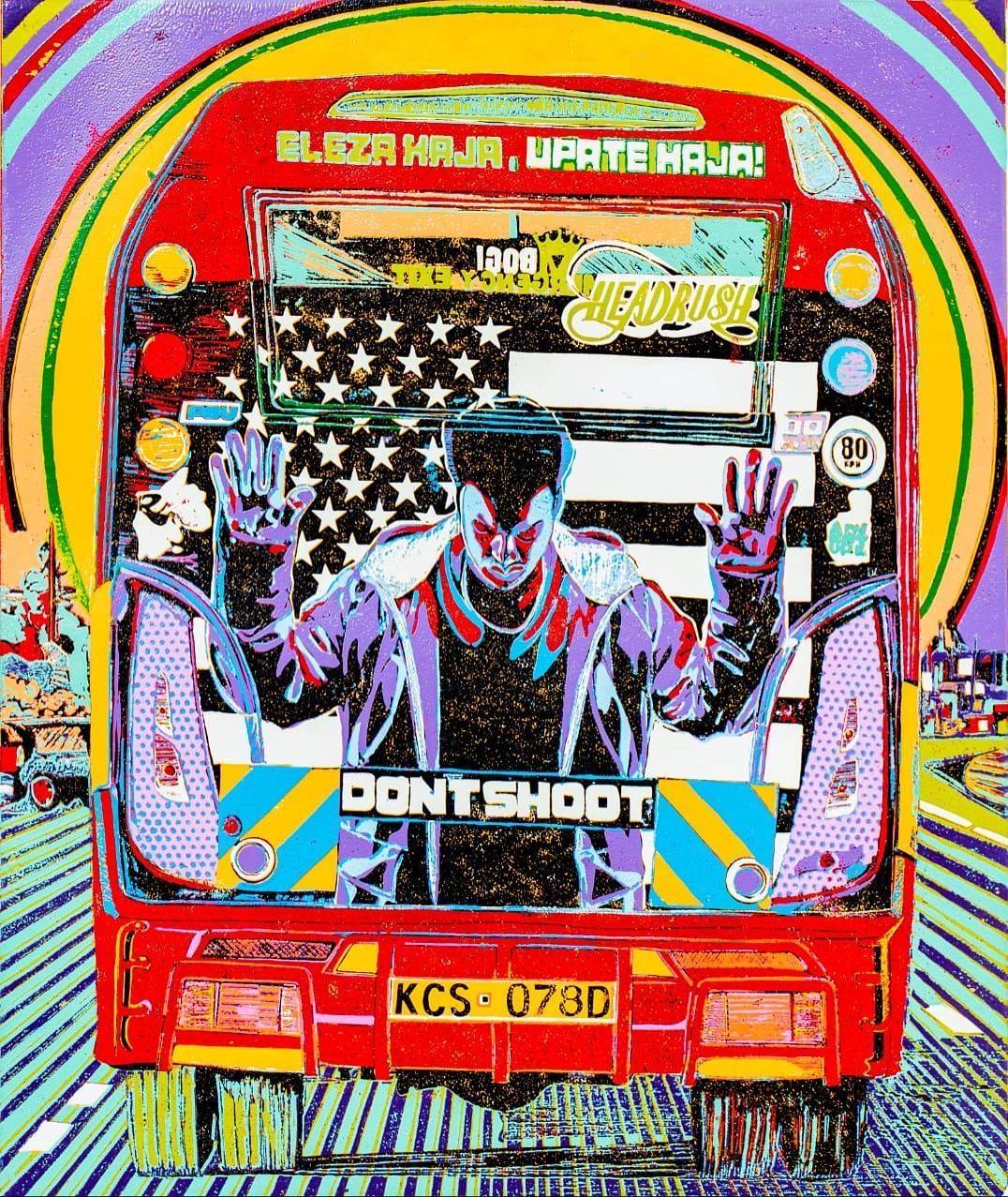 Don't Shoot! Red matatu art print by Dennis Muraguri