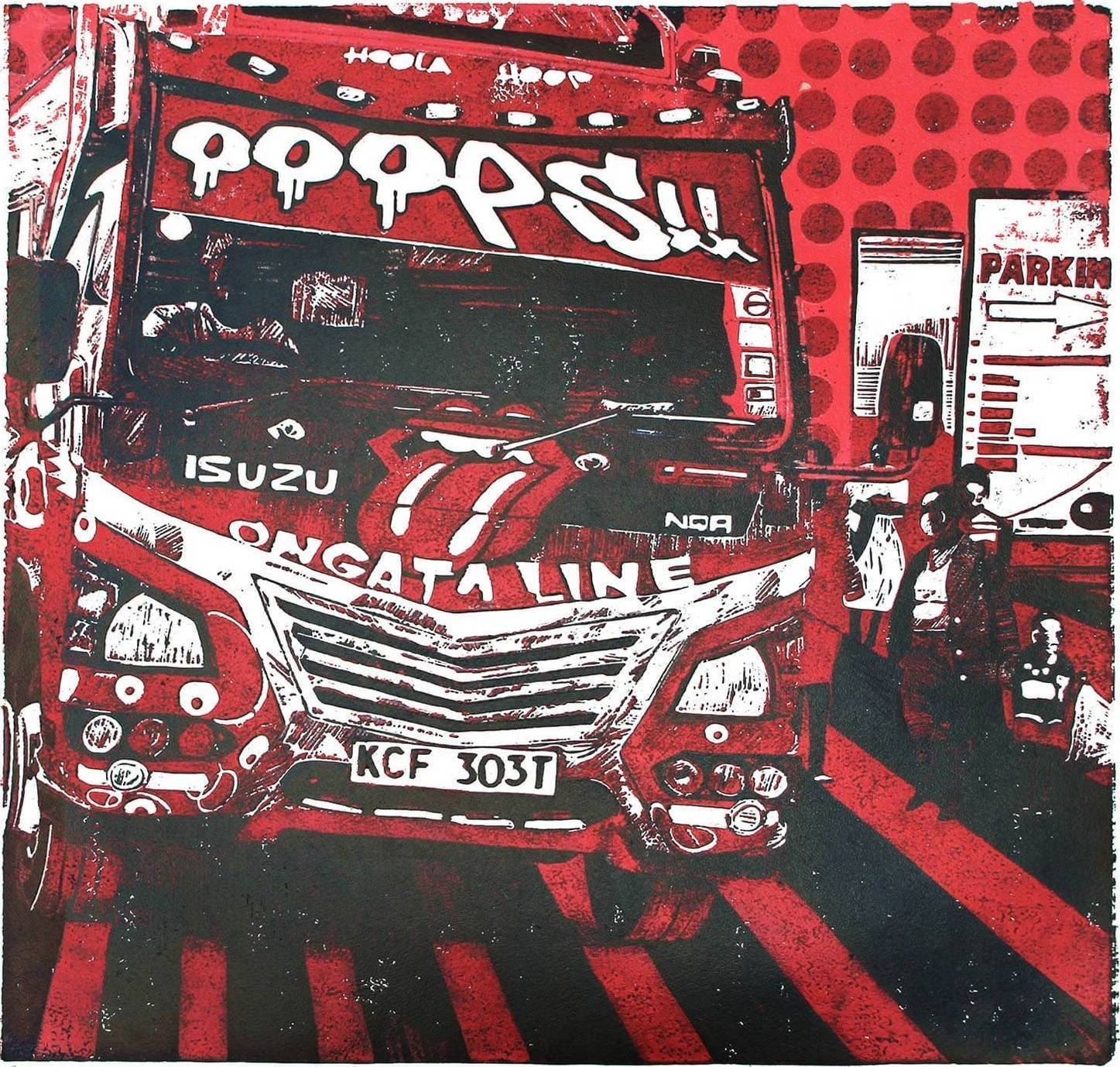 Ooops Burgundy matatu art print by Dennis Muraguri