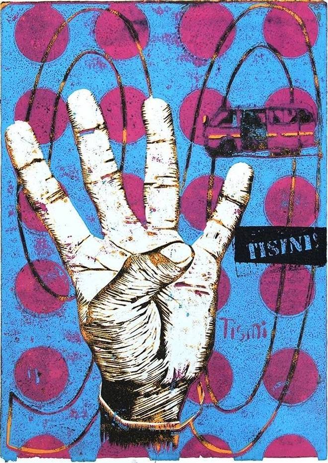 Beba Tisini! blue matatu art print by Dennis Muraguri