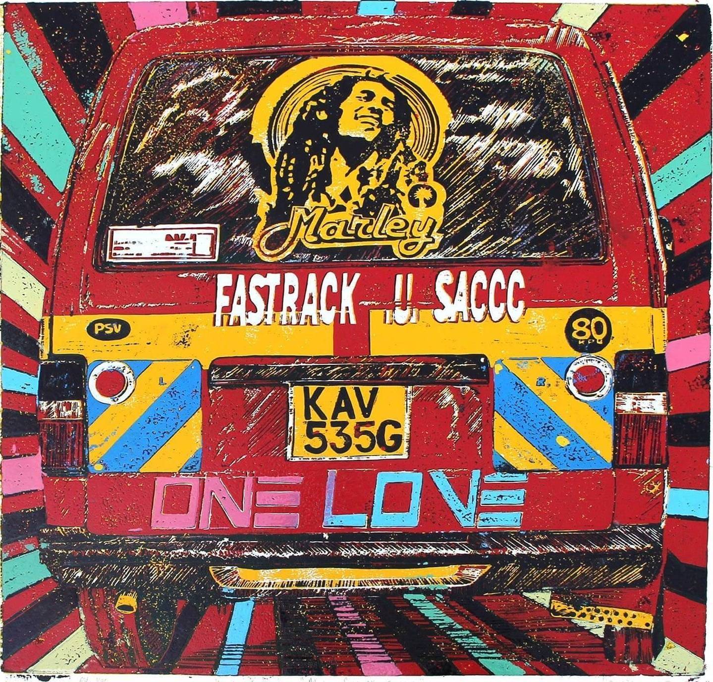 Marley Burgundy matatu art print by Dennis Muraguri
