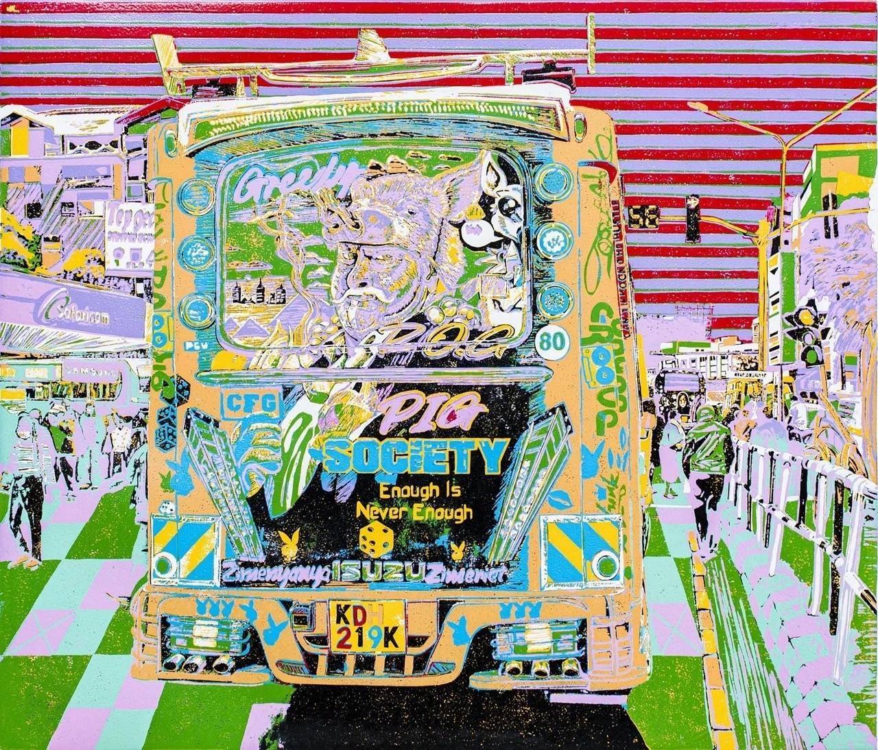 Pig Society - Taifa Sacco yellow matatu art print by Dennis Muraguri