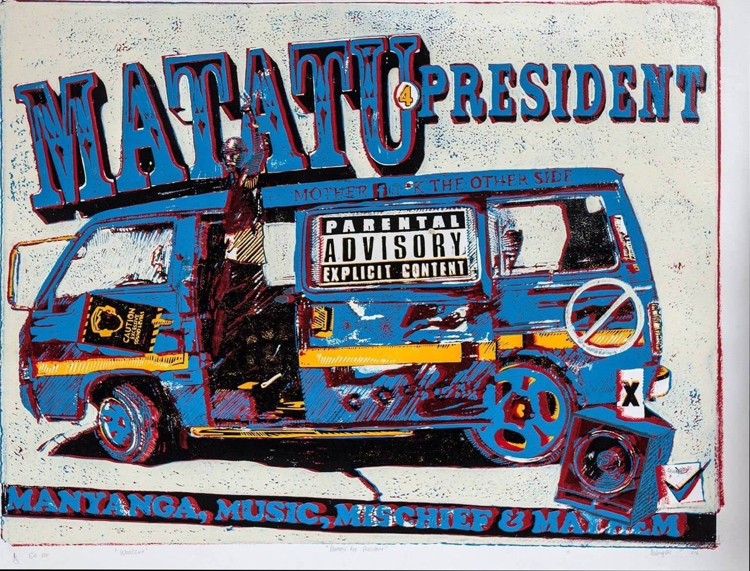 Matatu for President Blue matatu art print by Dennis Muraguri