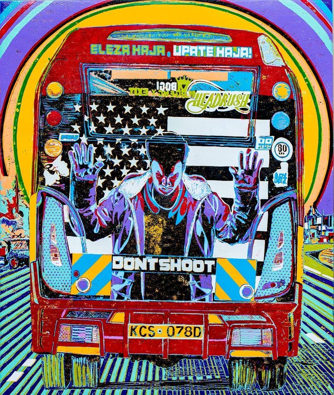 Don't Shoot! Burgundy matatu art print by Dennis Muraguri