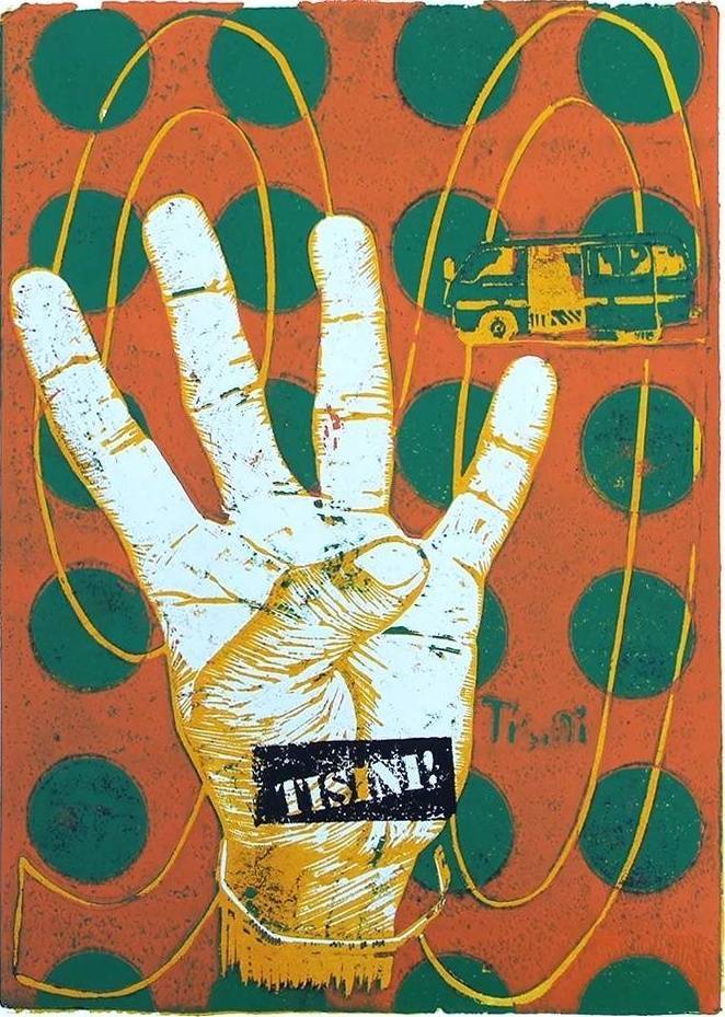 Beba Tisini! orange matatu art print by Dennis Muraguri