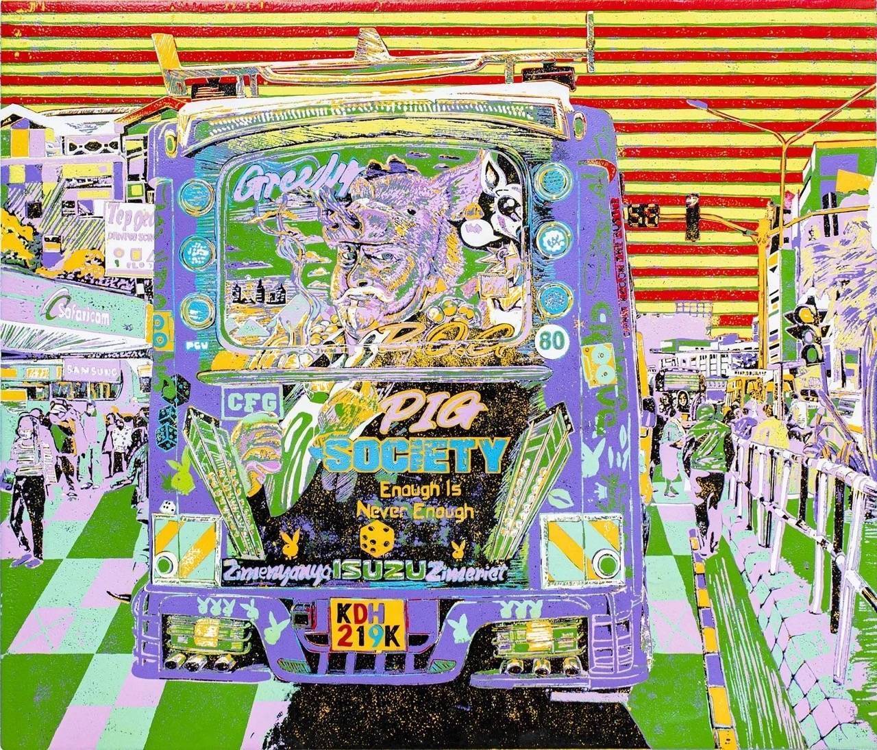 Pig Society - Taifa Sacco purple matatu art print by Dennis Muraguri