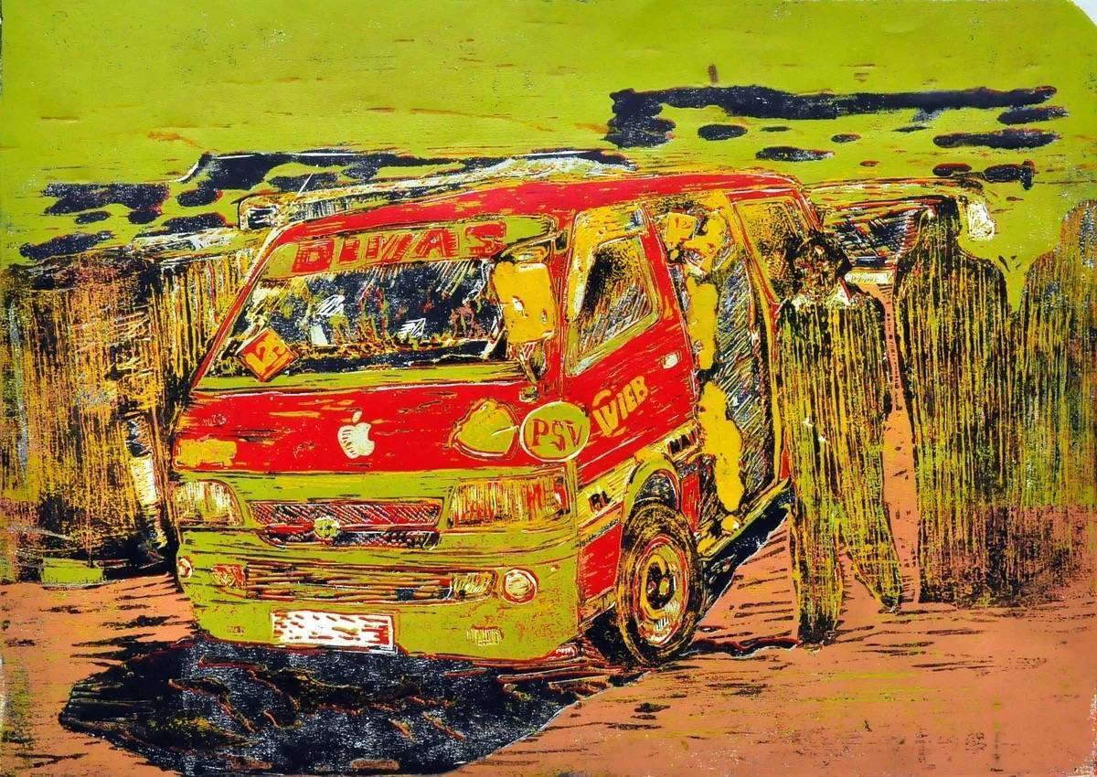 Divas - Route 125 red matatu art print by Dennis Muraguri