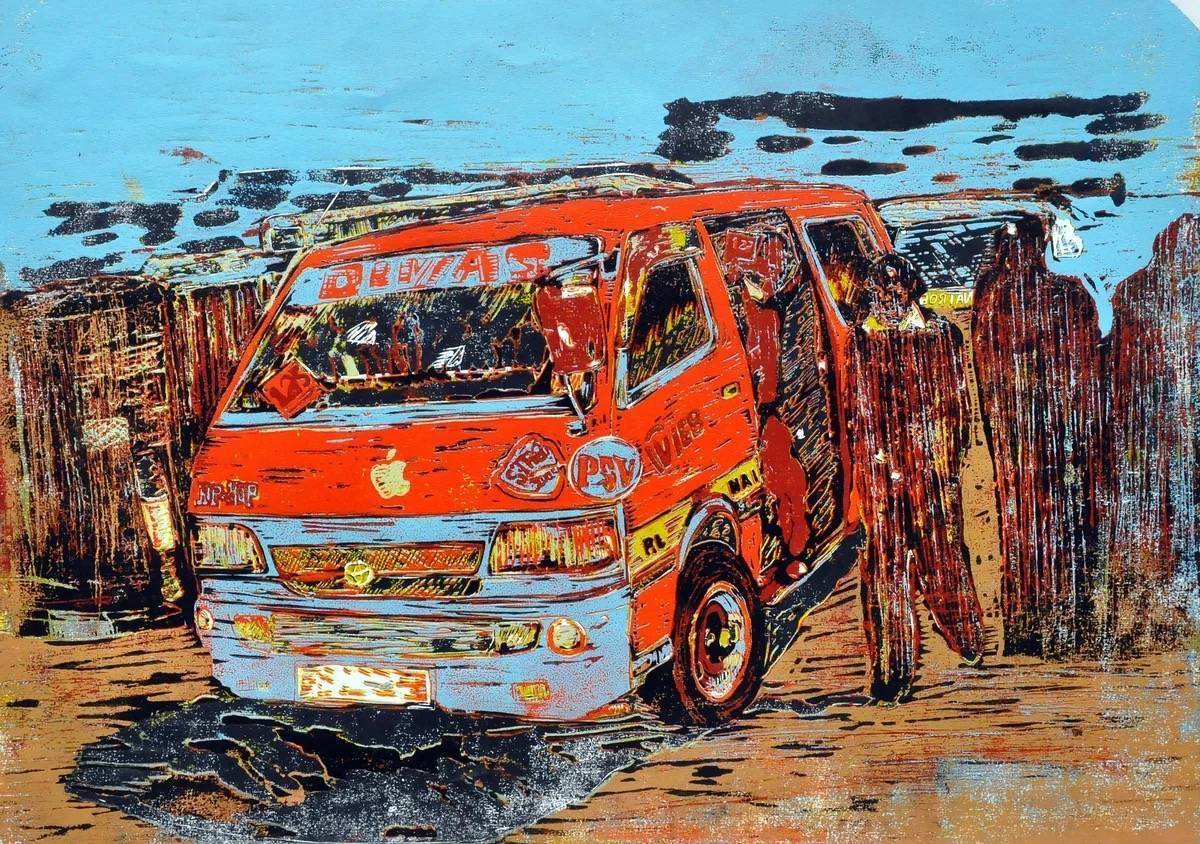 Divas - Route 125 orange matatu art print by Dennis Muraguri