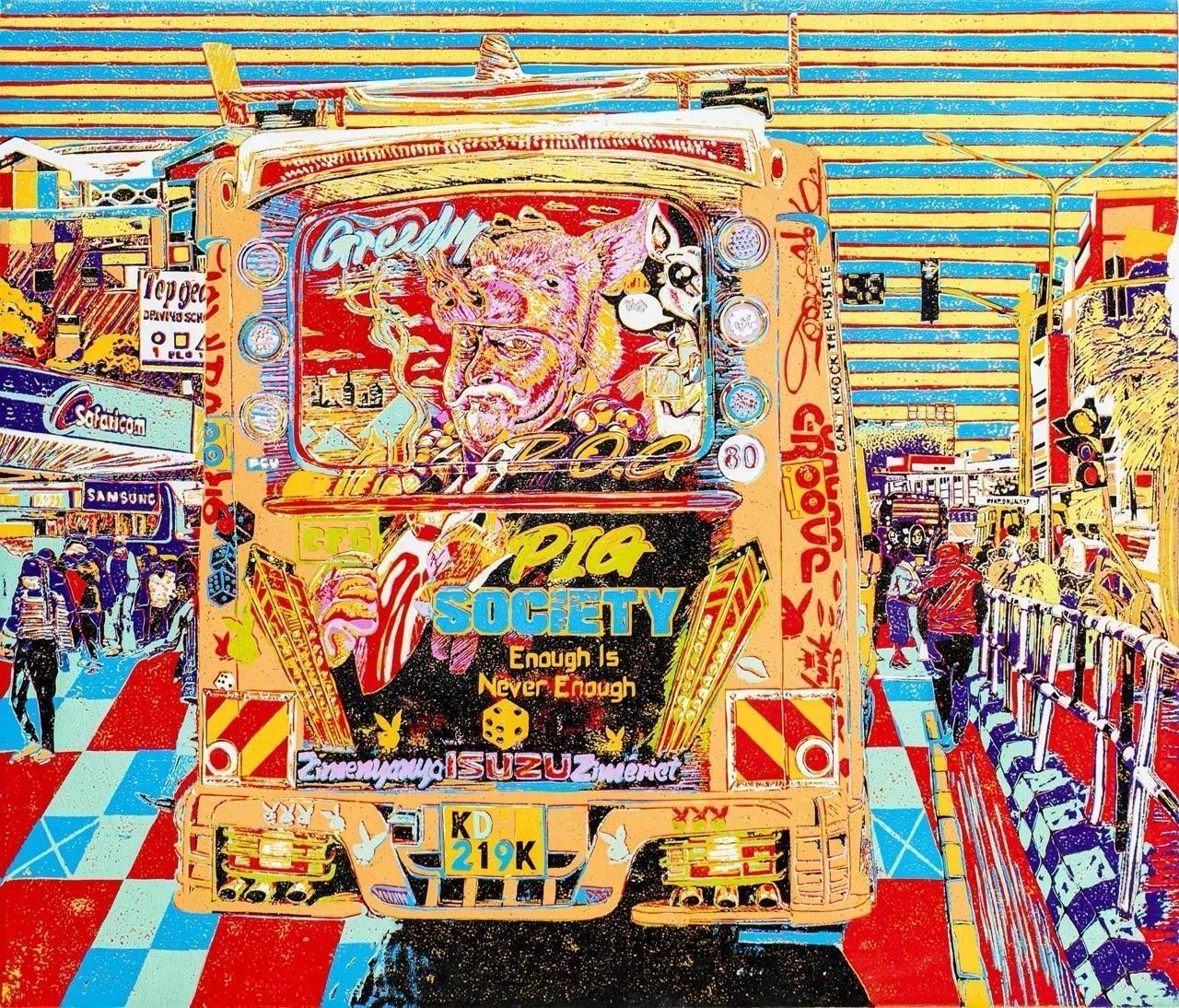 Pig Society - Taifa Sacco orange matatu art print by Dennis Muraguri